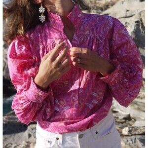BUGGY Zoe Blouse - Floral Hot Pink and Orange Print. Size: L